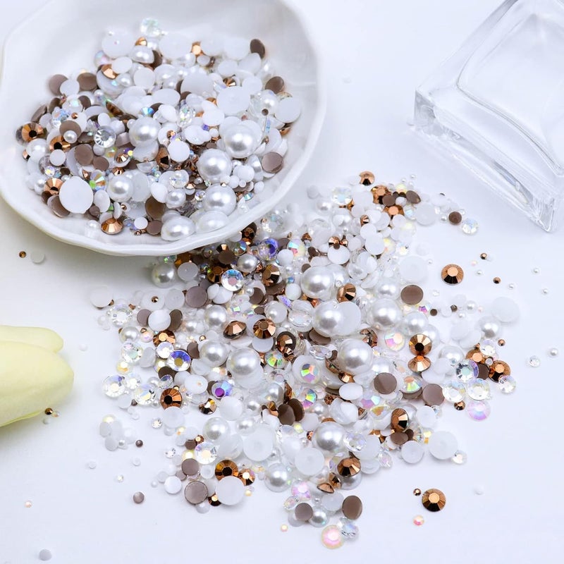 Briskbloom 60g Mix Flatback Pearls and Rhinestones for Crafts, 3620PCS Pearl Rhinestones for Nails Face Art Tumblers, Half Pearls, with Tweezers Wax Pen, Brown White - Image 3